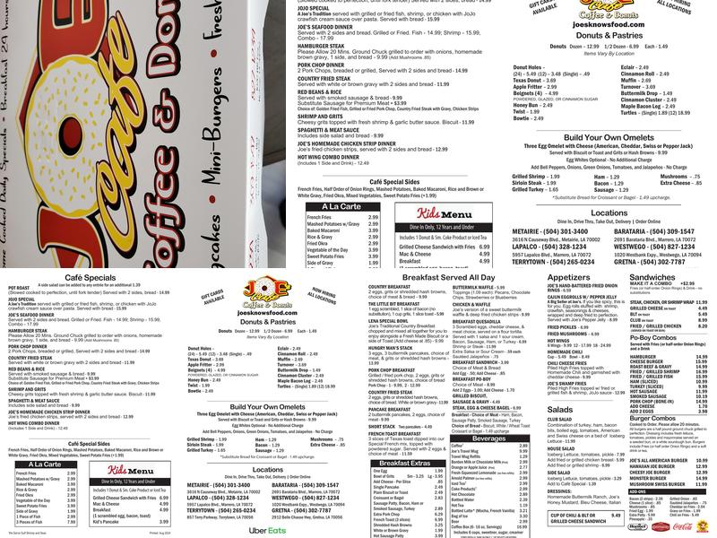 Joe's Cafe & Donuts & King Cakes Menu