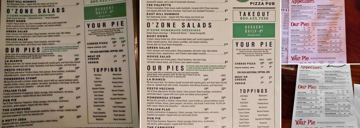 O'Zone Pizza Pub Menu