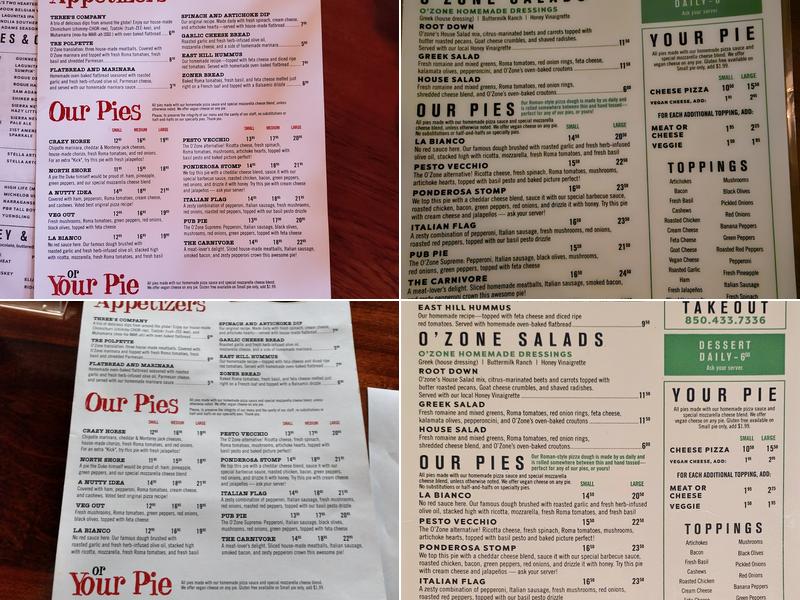 O'Zone Pizza Pub Menu