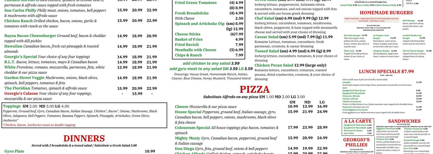 Georgio's Pizza Menu