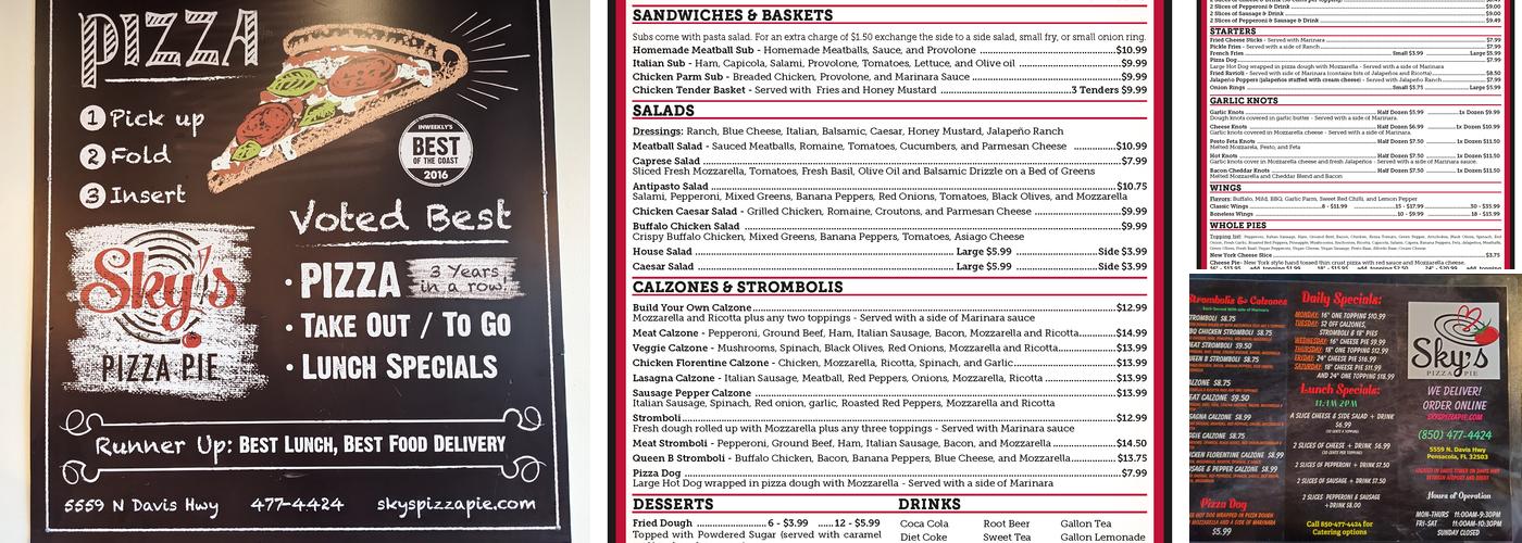 Sky's Pizza Pie Menu