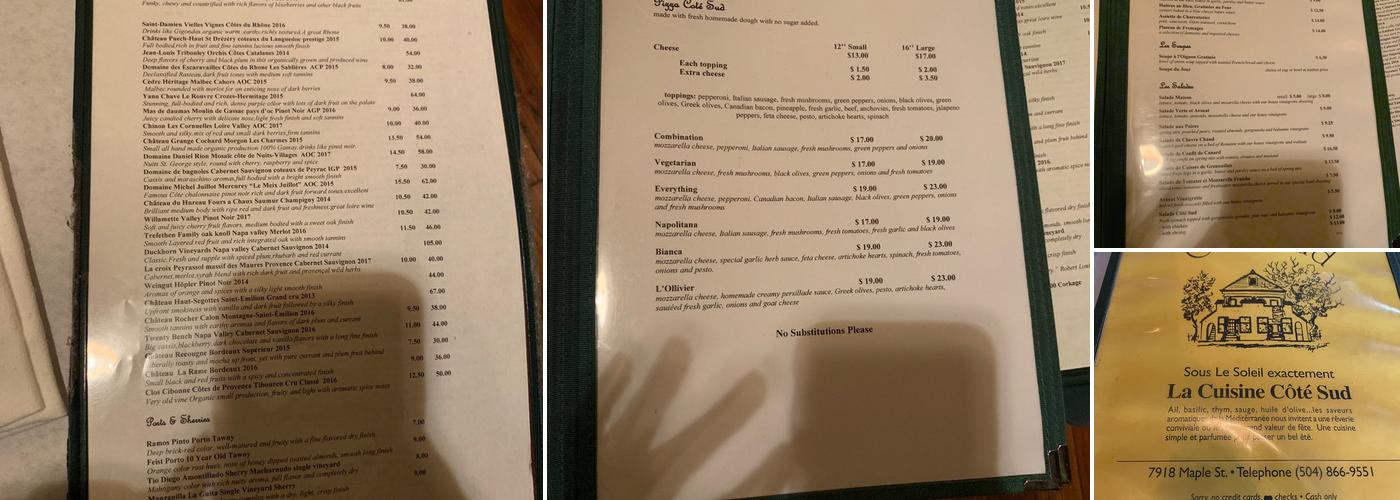 Cote Sud Menu
