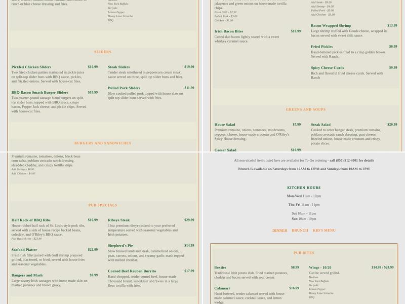 O'Riley's Irish Pub Downtown Menu