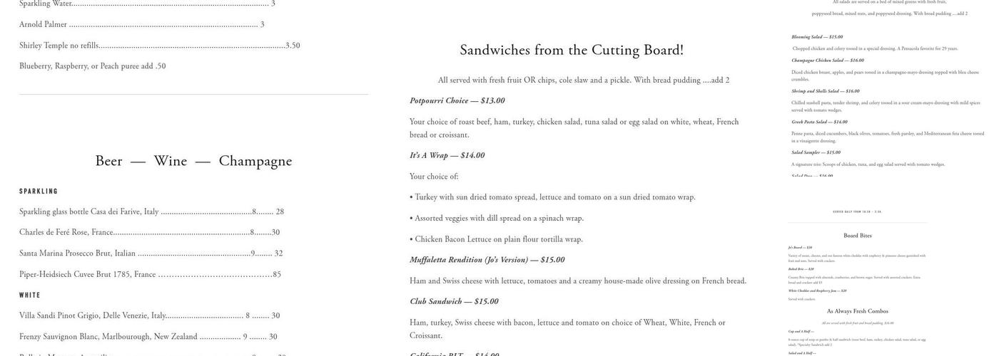 Jo’s...as always Menu