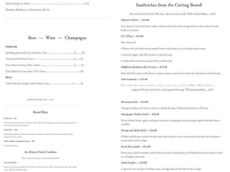 Jo’s...as always Menu