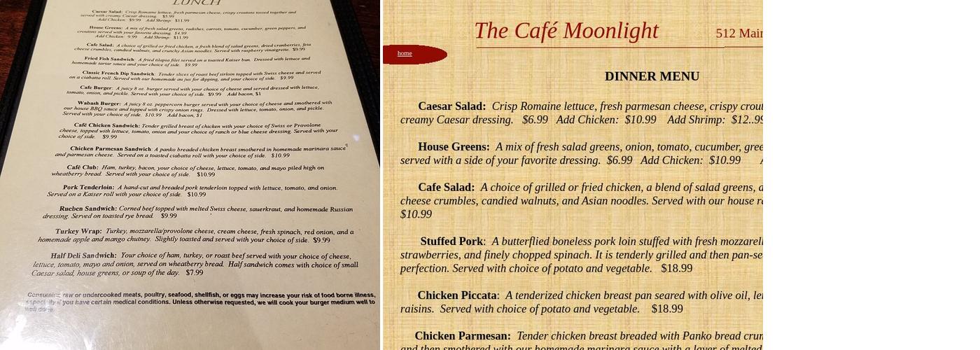 The Cafe Moonlight Menu