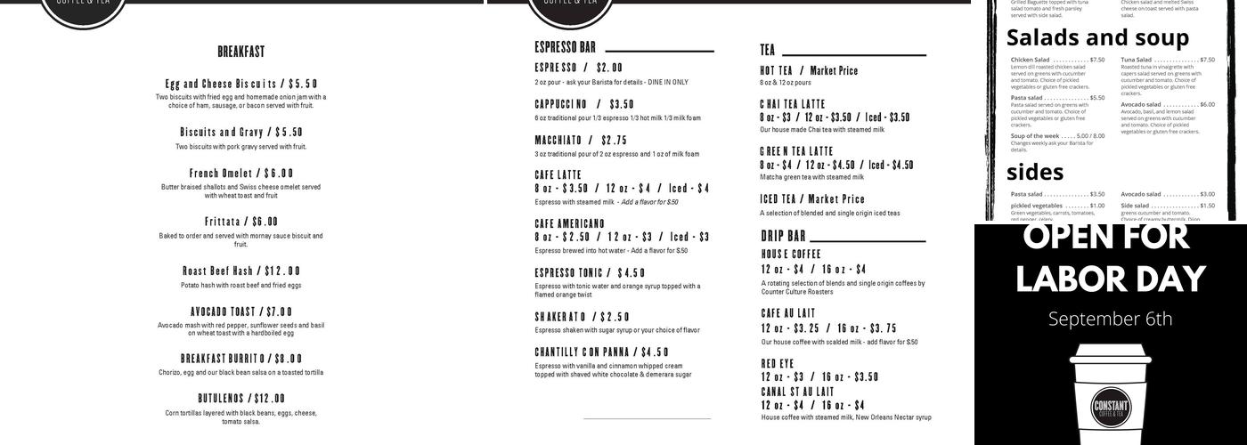 Constant Coffee & Tea Menu