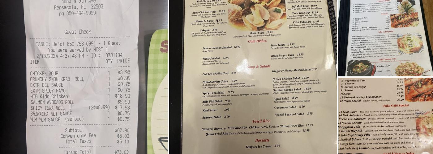 Sake Cafe Pensacola Menu