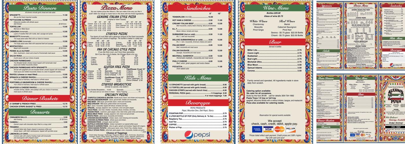 Alfano's Pizzeria Menu