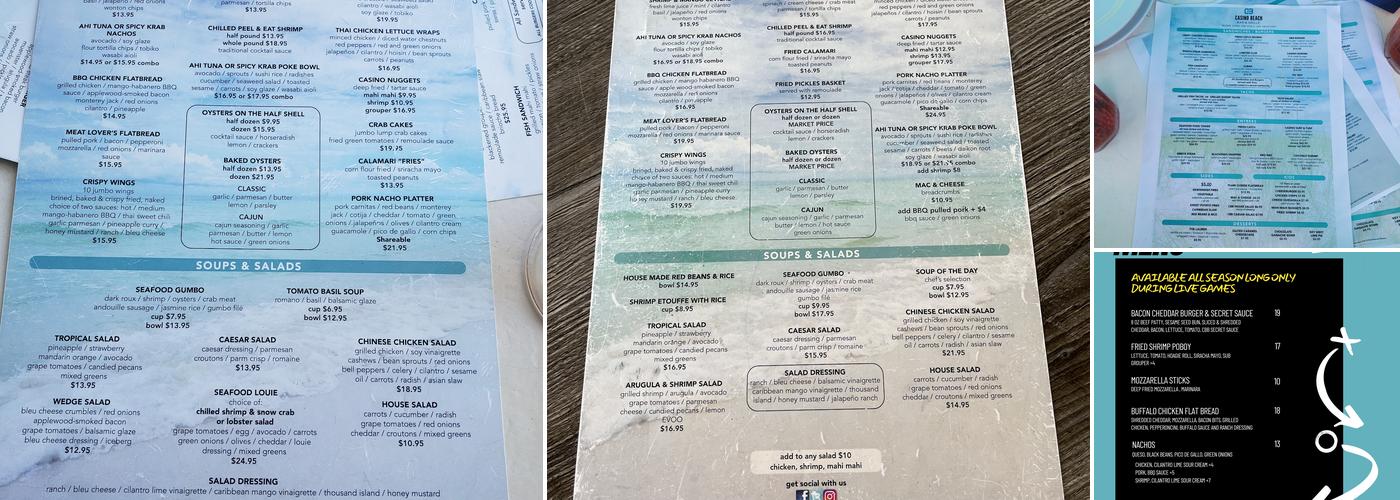 Casino Beach Bar & Grille Menu
