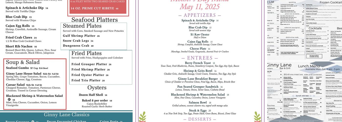 Ginny Lane Bar and Grill Menu