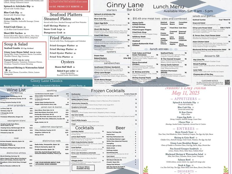 Ginny Lane Bar and Grill Menu