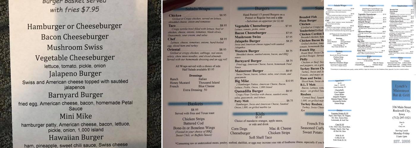 Lynch's Mainstreet Bar Menu
