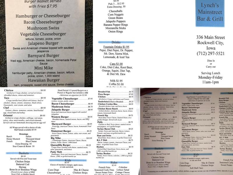 Lynch's Mainstreet Bar Menu