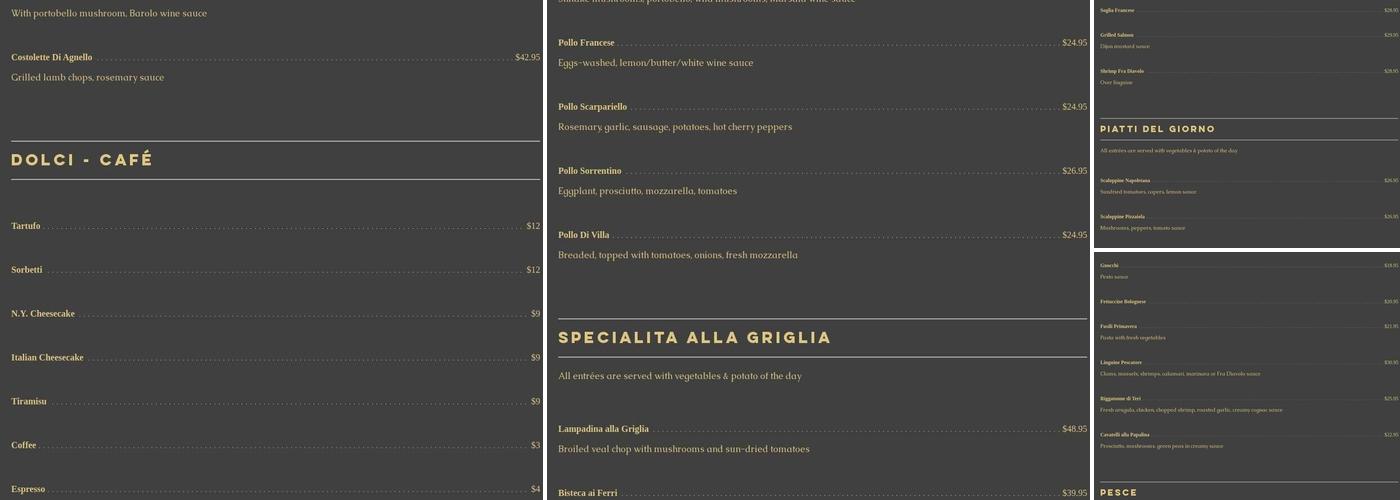 Villa D'Aqua Menu