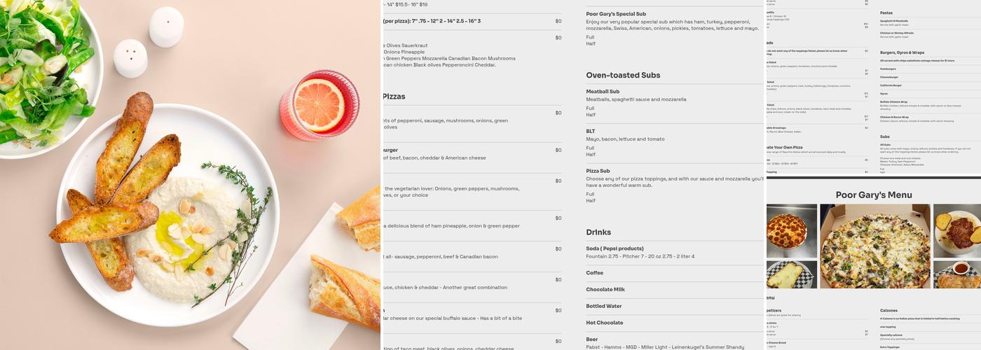 Poor Gary's Pizza Menu