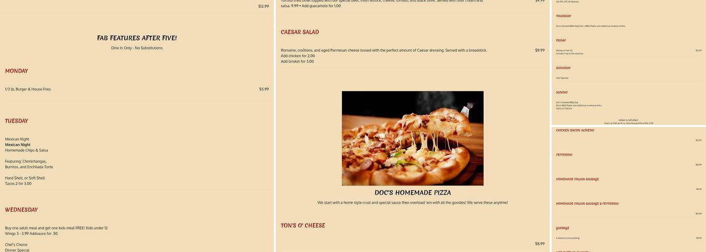 Doc's Sports Bar & Grill Menu