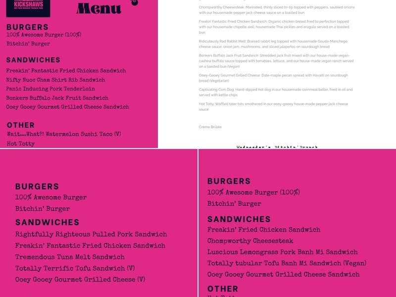Kickshaws Menu