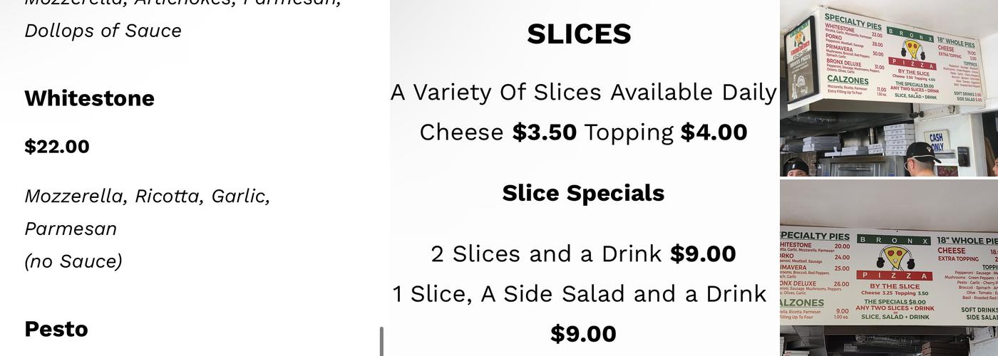 Bronx Pizza Menu