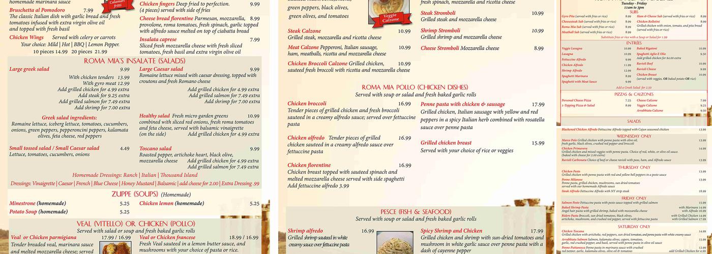 Roma Mia Menu