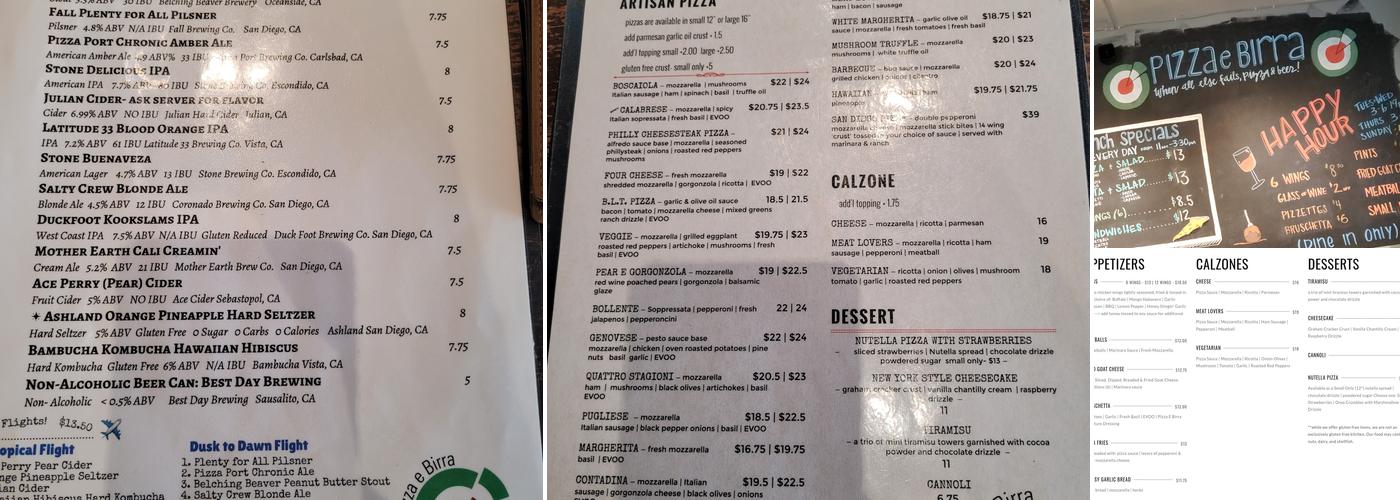 Pizza e Birra San Diego Menu