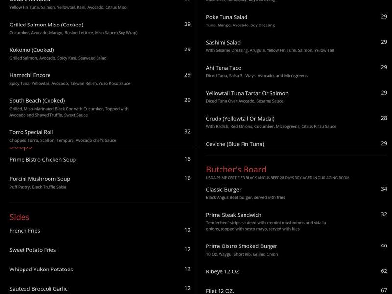 Prime Bistro Menu