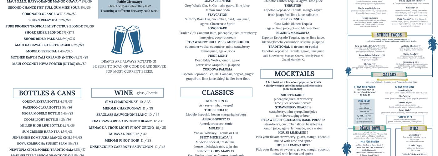 Shore Rider Bar Menu