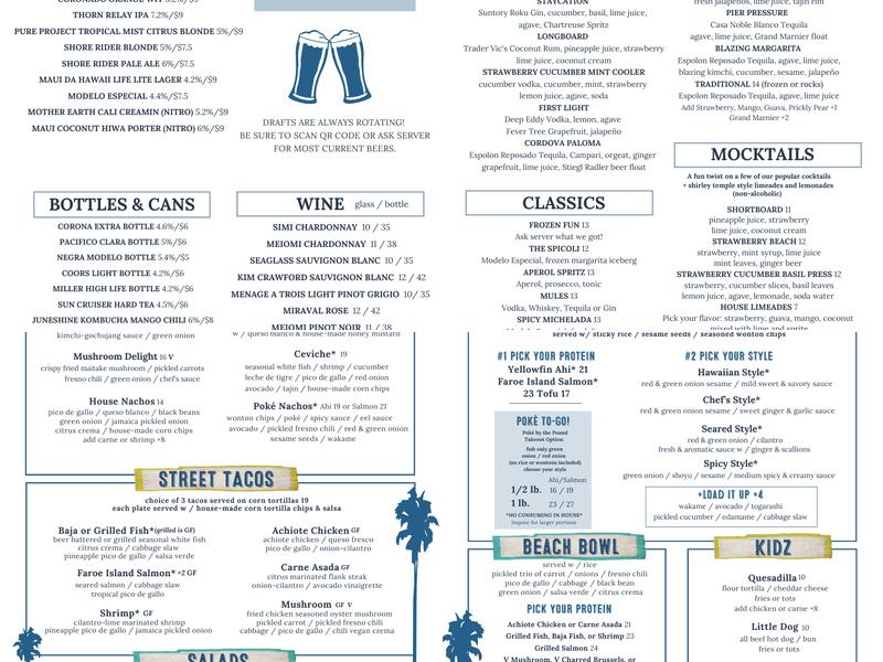Shore Rider Bar Menu