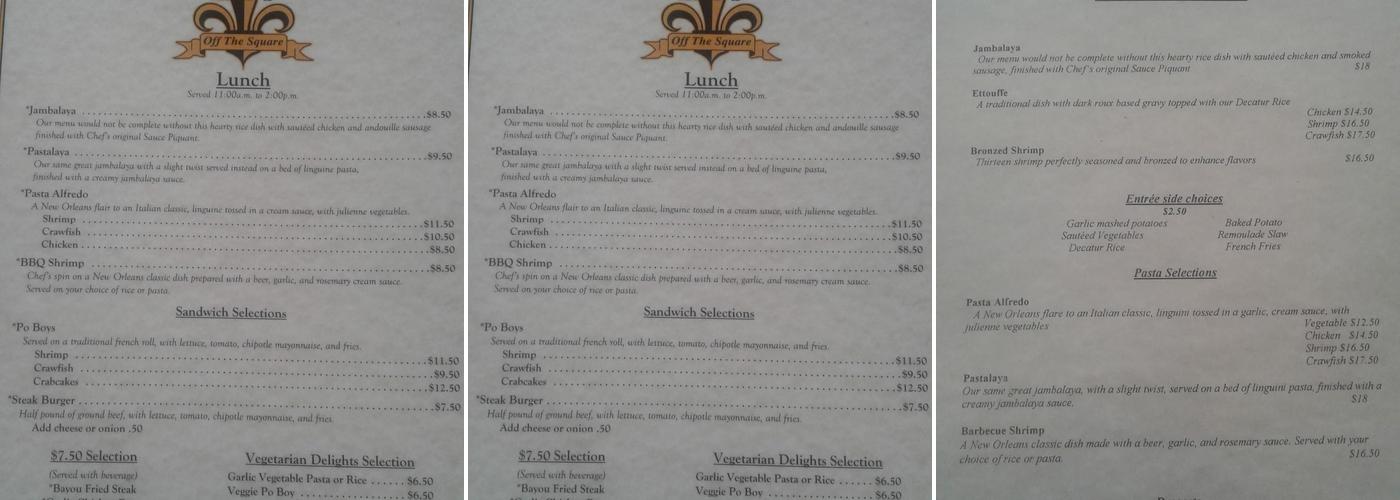 R L's Off the Square Menu