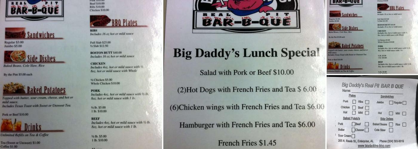 Big Daddy's Real Pit Bar B Que Menu