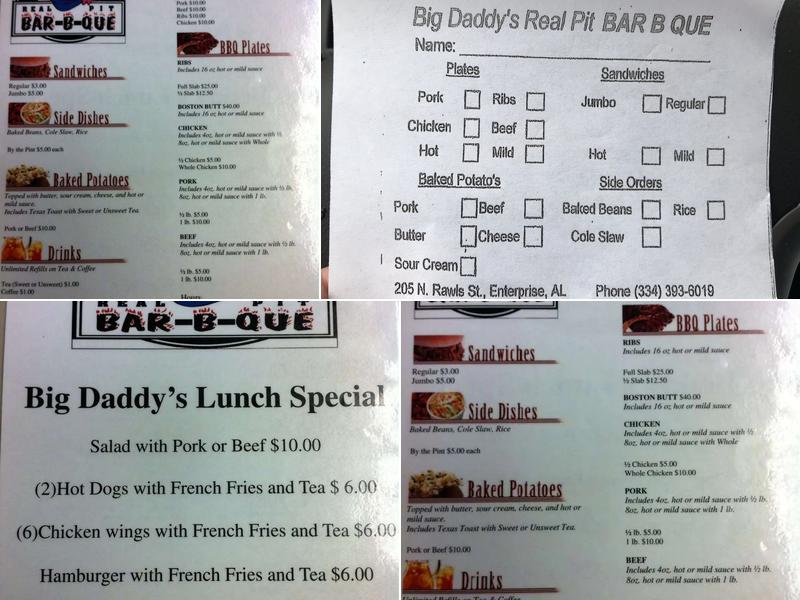 Big Daddy's Real Pit Bar B Que Menu