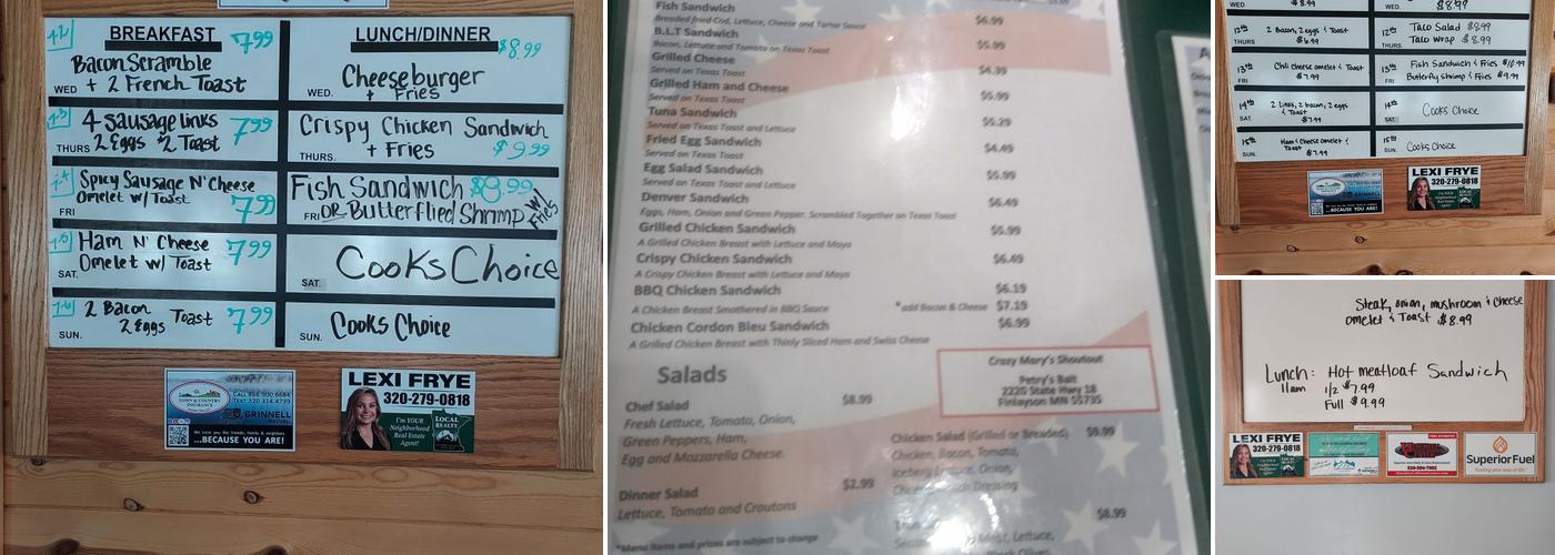 Crazy Mary's Cafe Menu