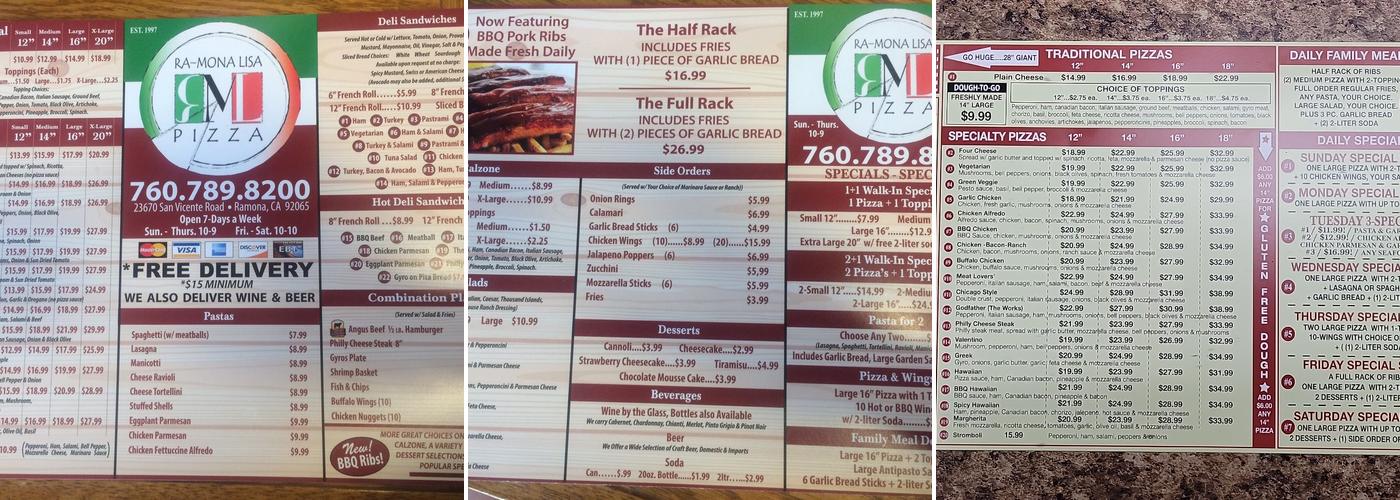 Ramona Lisa's Pizza & Subs Menu