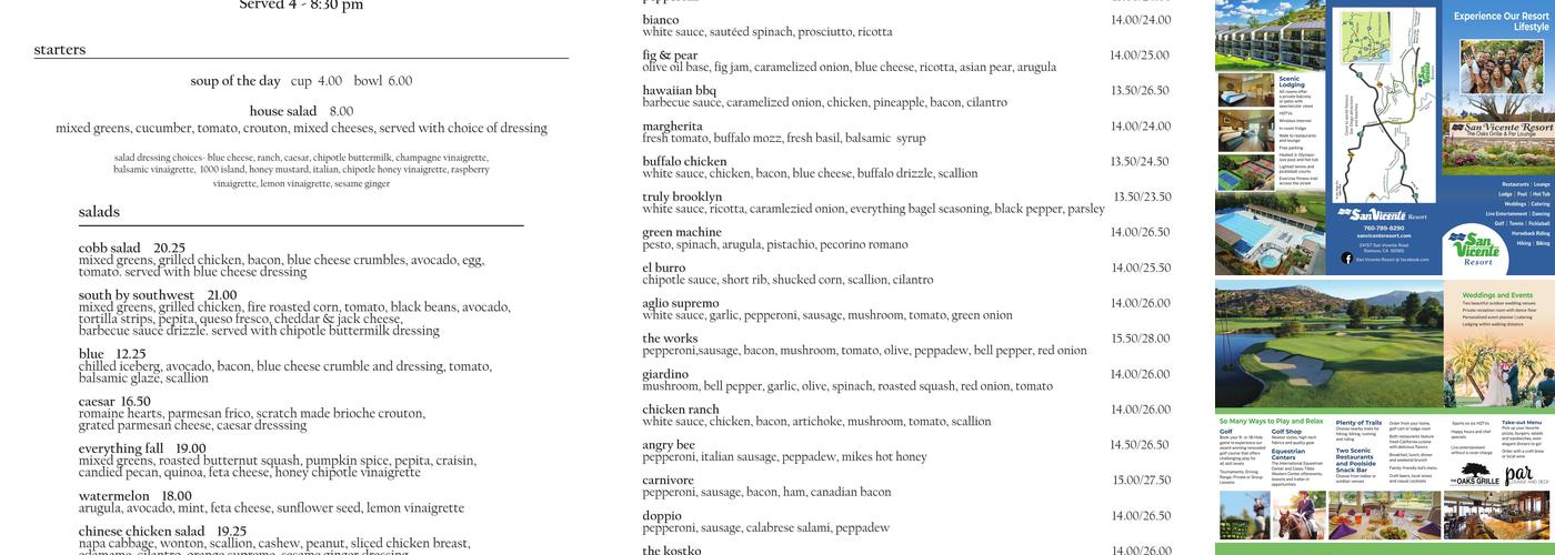 The Oaks Grille Menu