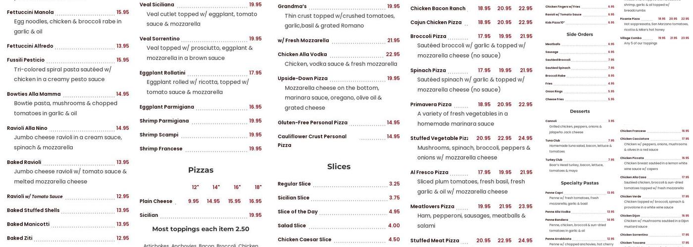 Village Pizza & Pasta Menu