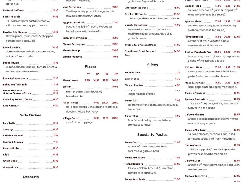 Village Pizza & Pasta Menu