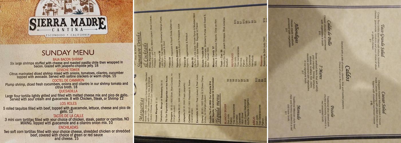 Sierra Madre Cantina Menu