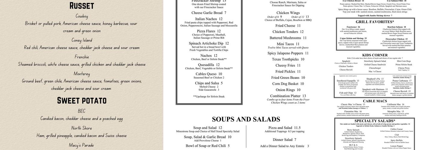 Cables Pub and Grill Menu