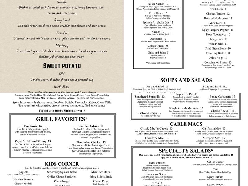 Cables Pub and Grill Menu