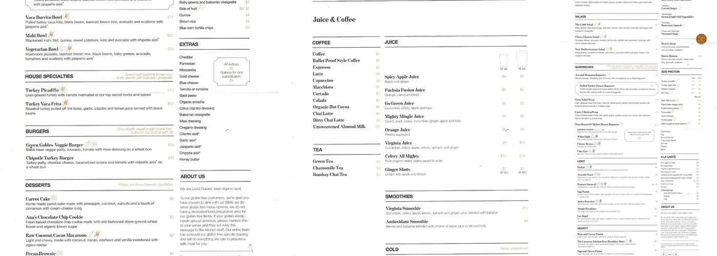 Gables Cafe Menu