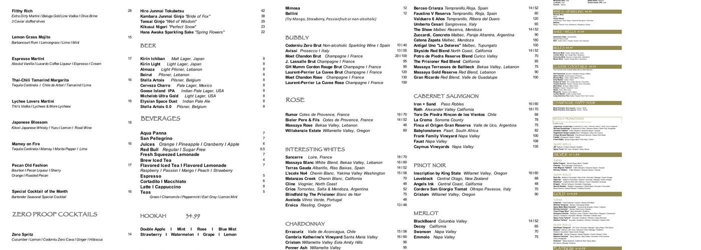 Sawa Restaurant & Lounge Menu