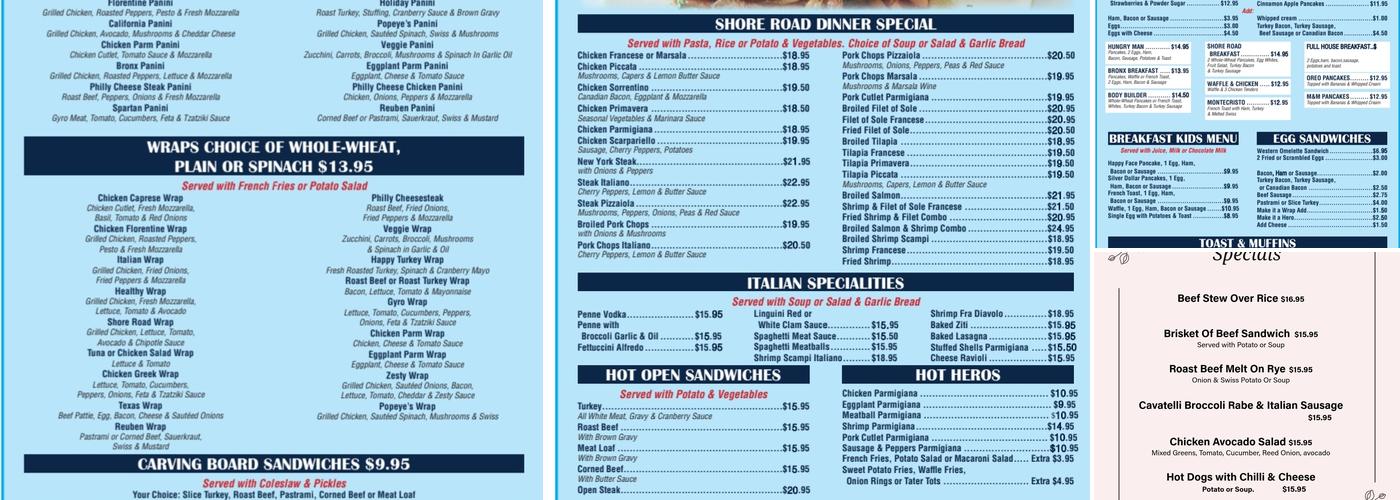 Shore Road Diner Menu