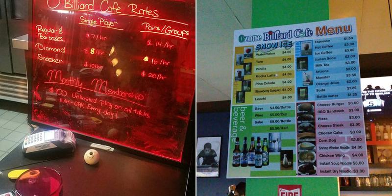 0 Zone Billiard Cafe Menu