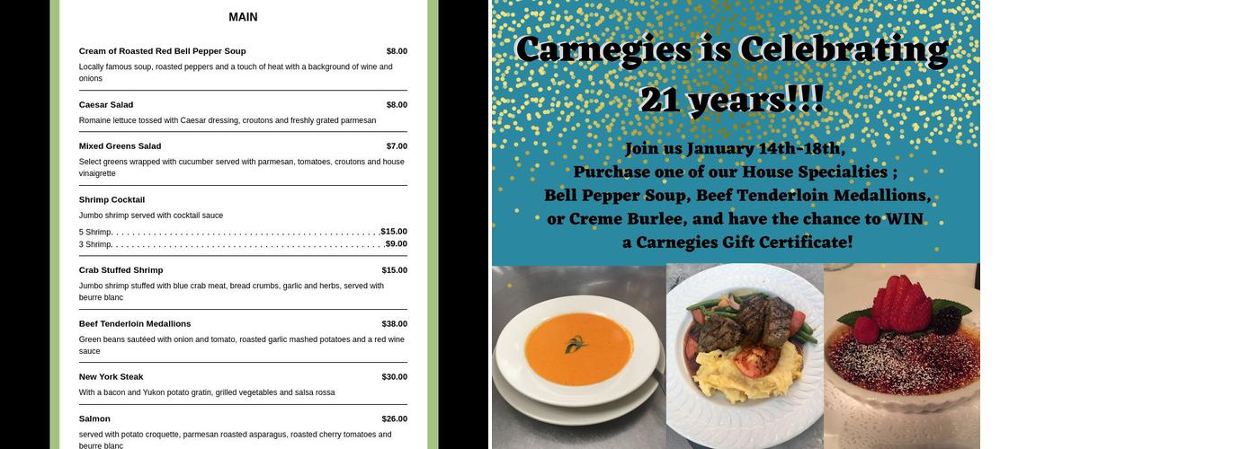 Carnegie's A Place To Eat Menu