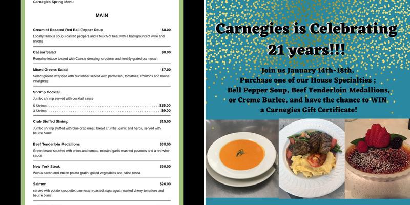 Carnegie's A Place To Eat Menu