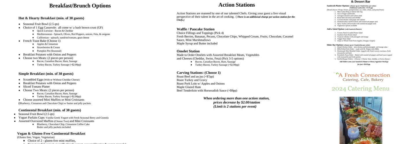 A Fresh Connection Catering, Cafe and Bakery Menu