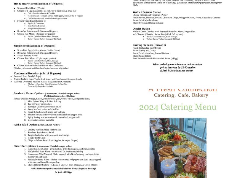 A Fresh Connection Catering, Cafe and Bakery Menu