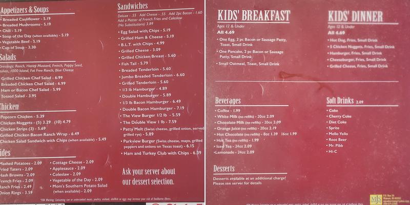 Parkview Restaurant Menu