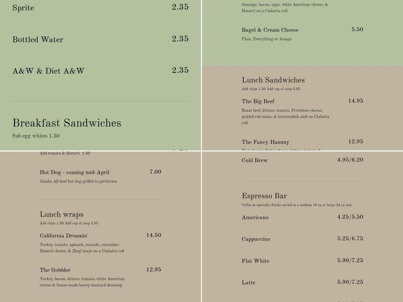 Zing! Cafe Menu