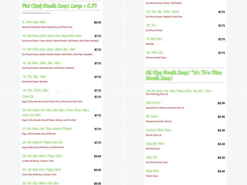 Pho Kien Giang Menu